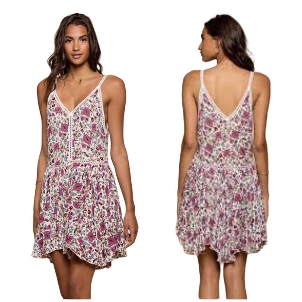 RAGA Boho Crochet Trim Floral Mini Dress Women's S Pink Blue Sleeveless V Neck